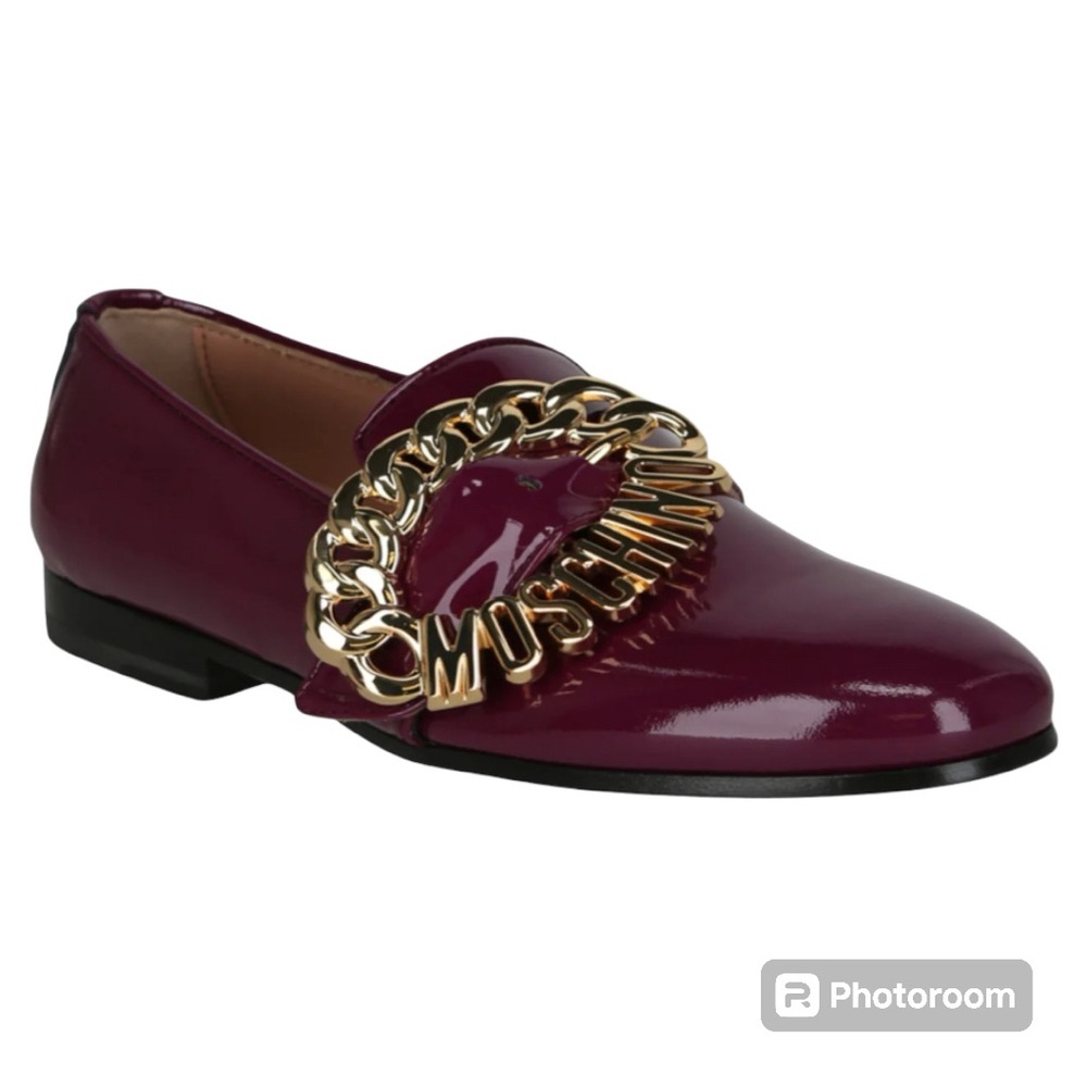 Moschino Purple Gold Flats with Elegant Chain Accent